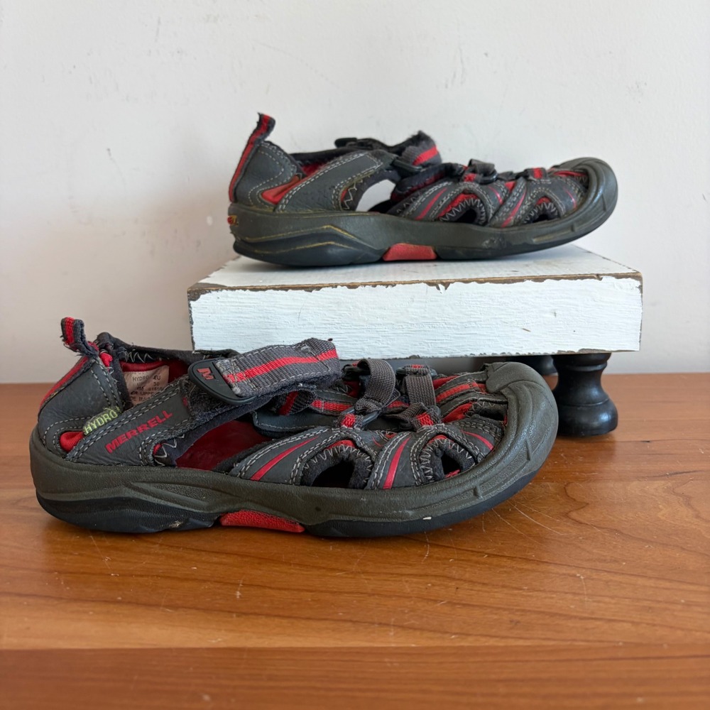 Merrell‎ Hydro Kids Water Sandals Grey Red Leather Closed Toe MC55688 Size 12M